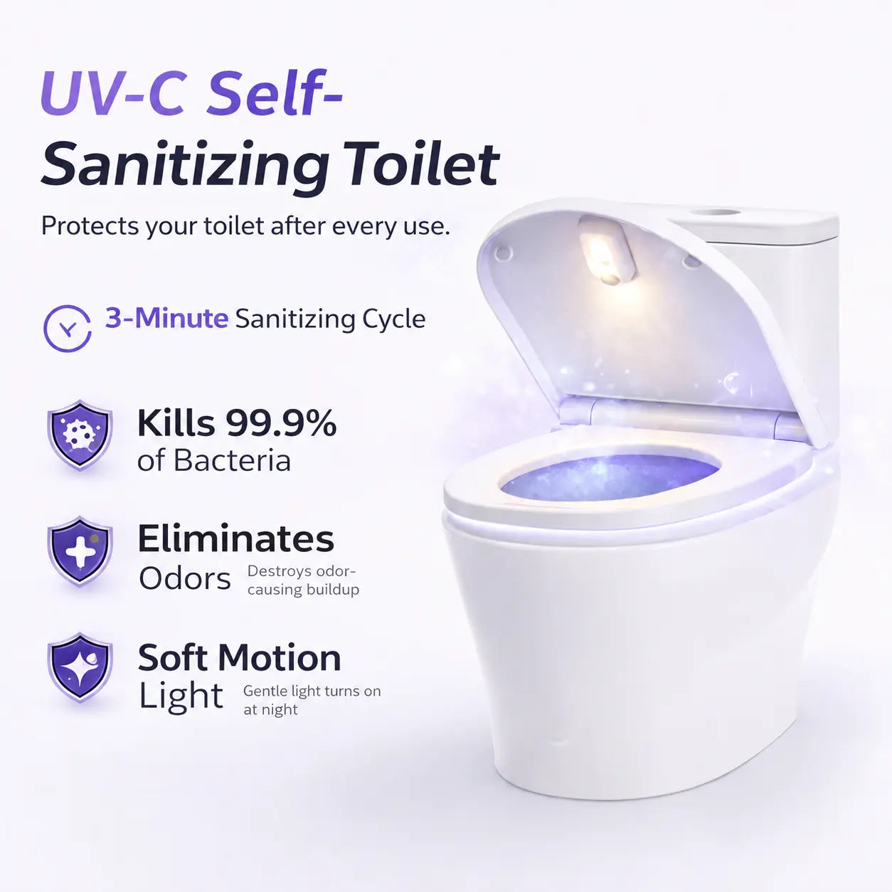 UV-C self-sanitizing toilet with 3-minute cycle, kills 99.9% bacteria, eliminates odors, soft motion night light