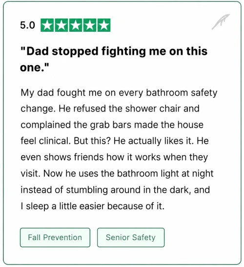 5-star review praising senior safety bathroom light for fall prevention and ease of use