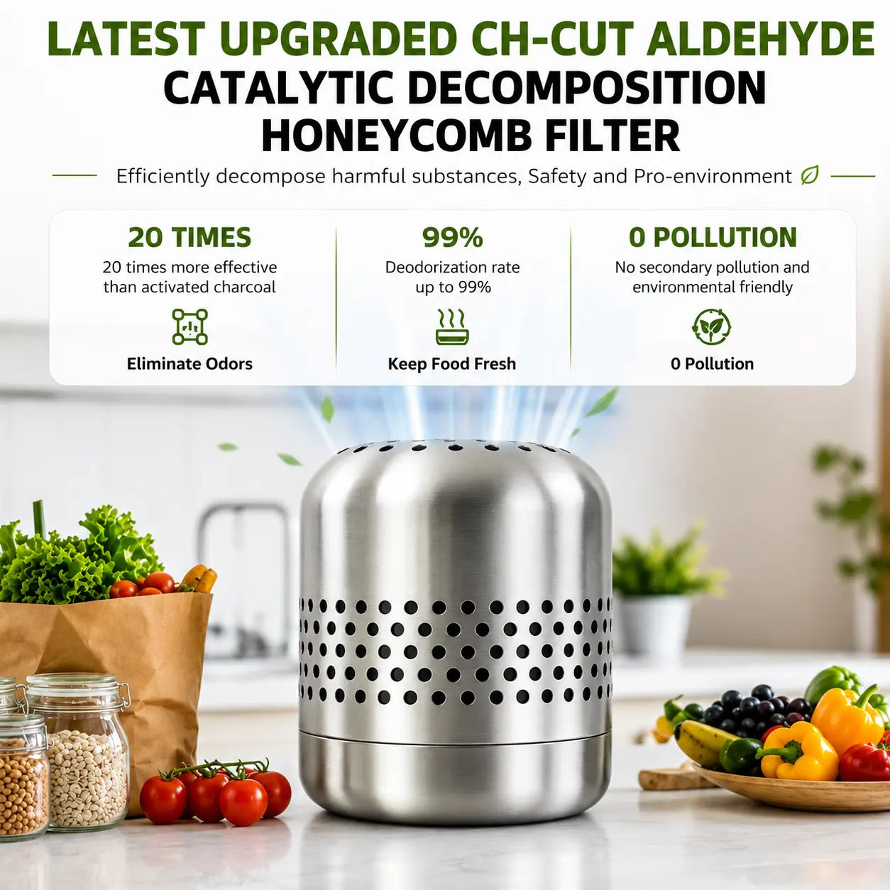 Stainless steel honeycomb filter for kitchen odor elimination and food freshness, eco-friendly design