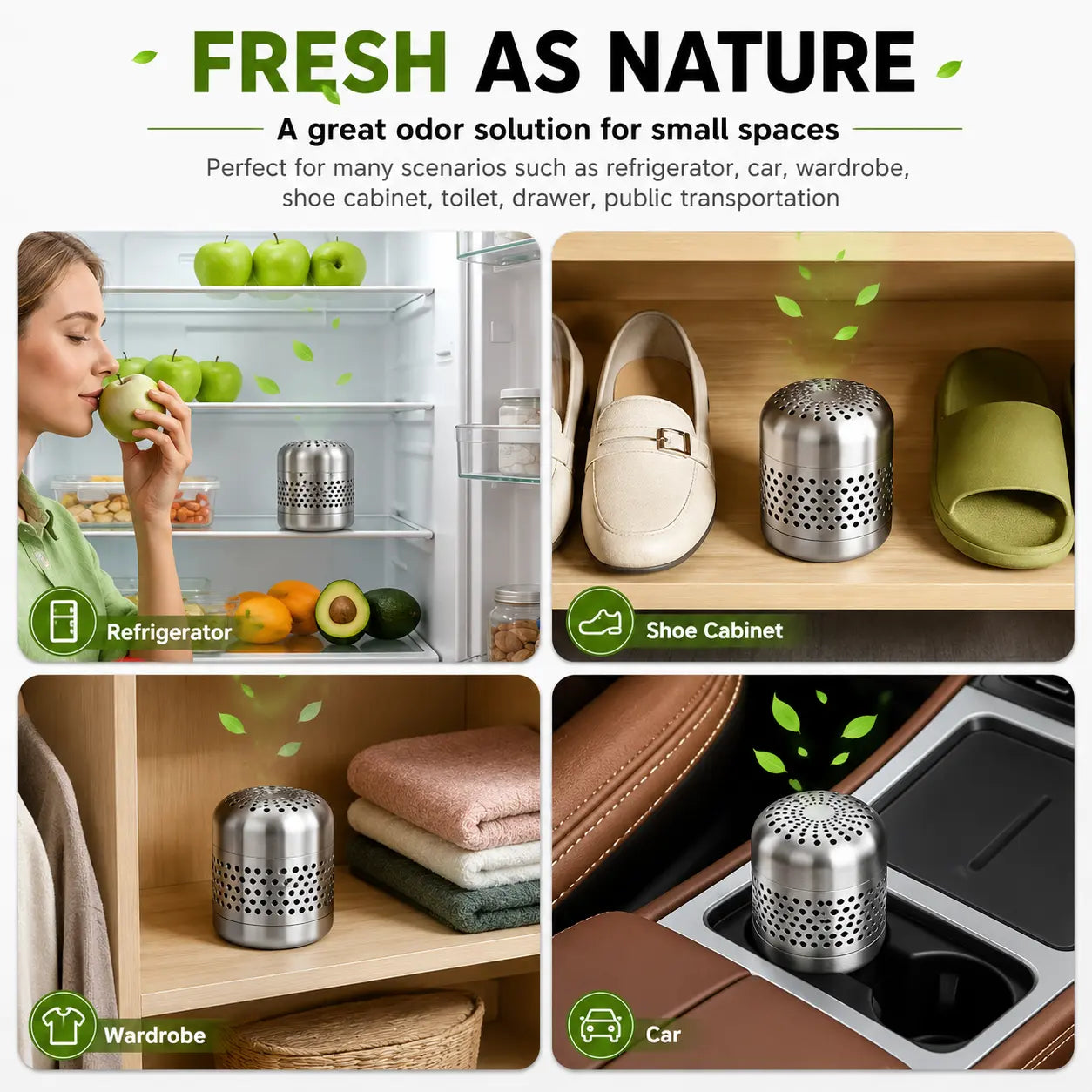 Stainless steel odor absorber for fridge, shoe cabinet, wardrobe, and car – fresh as nature