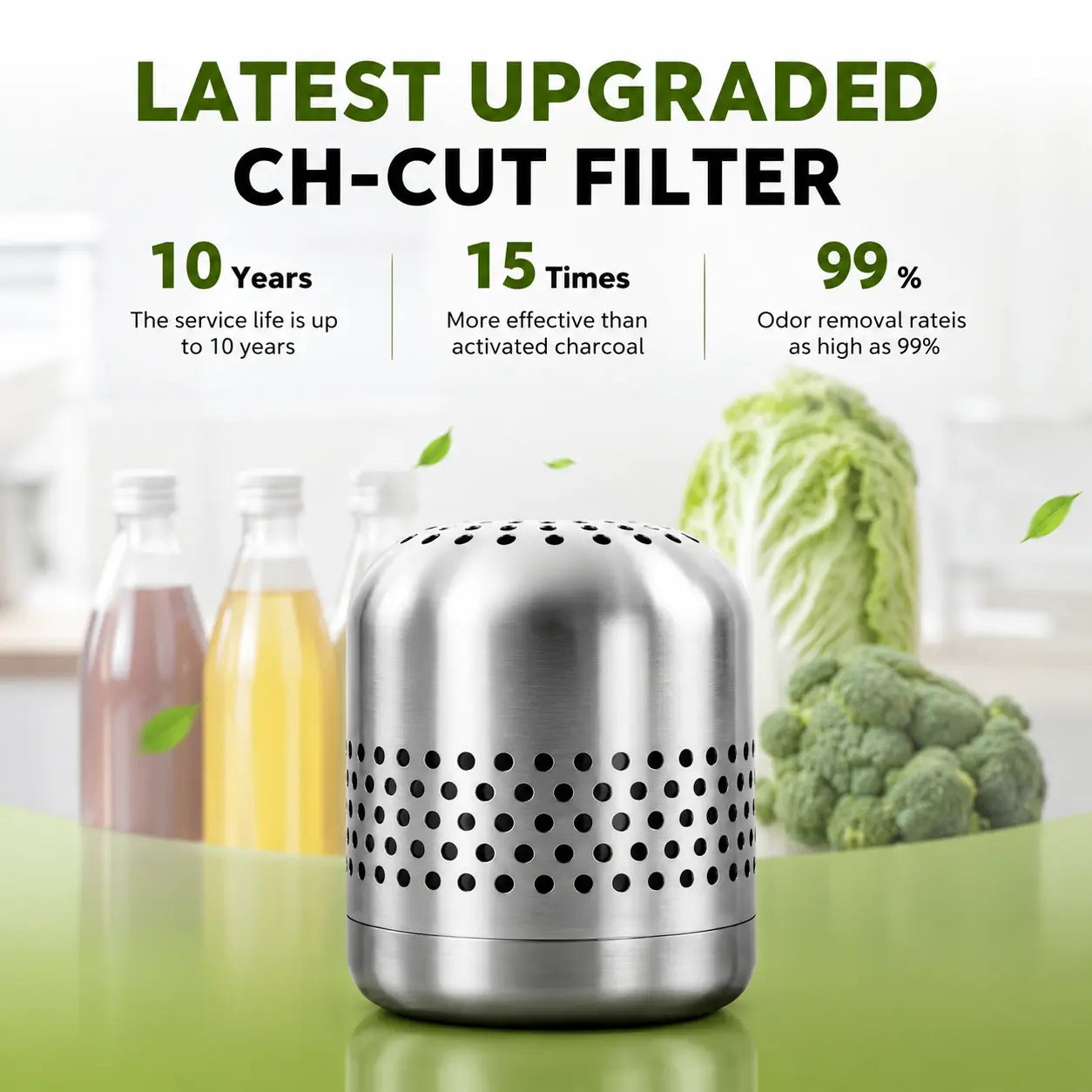 Upgraded CH-Cut filter with 10-year life, 99% odor removal, 15x more effective than charcoal, shown with fresh produce and drinks