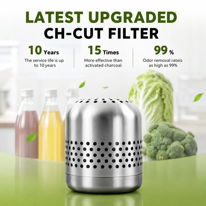 Upgraded CH-Cut filter with 10-year life, 99% odor removal, 15x more effective than charcoal, shown with fresh produce and drinks