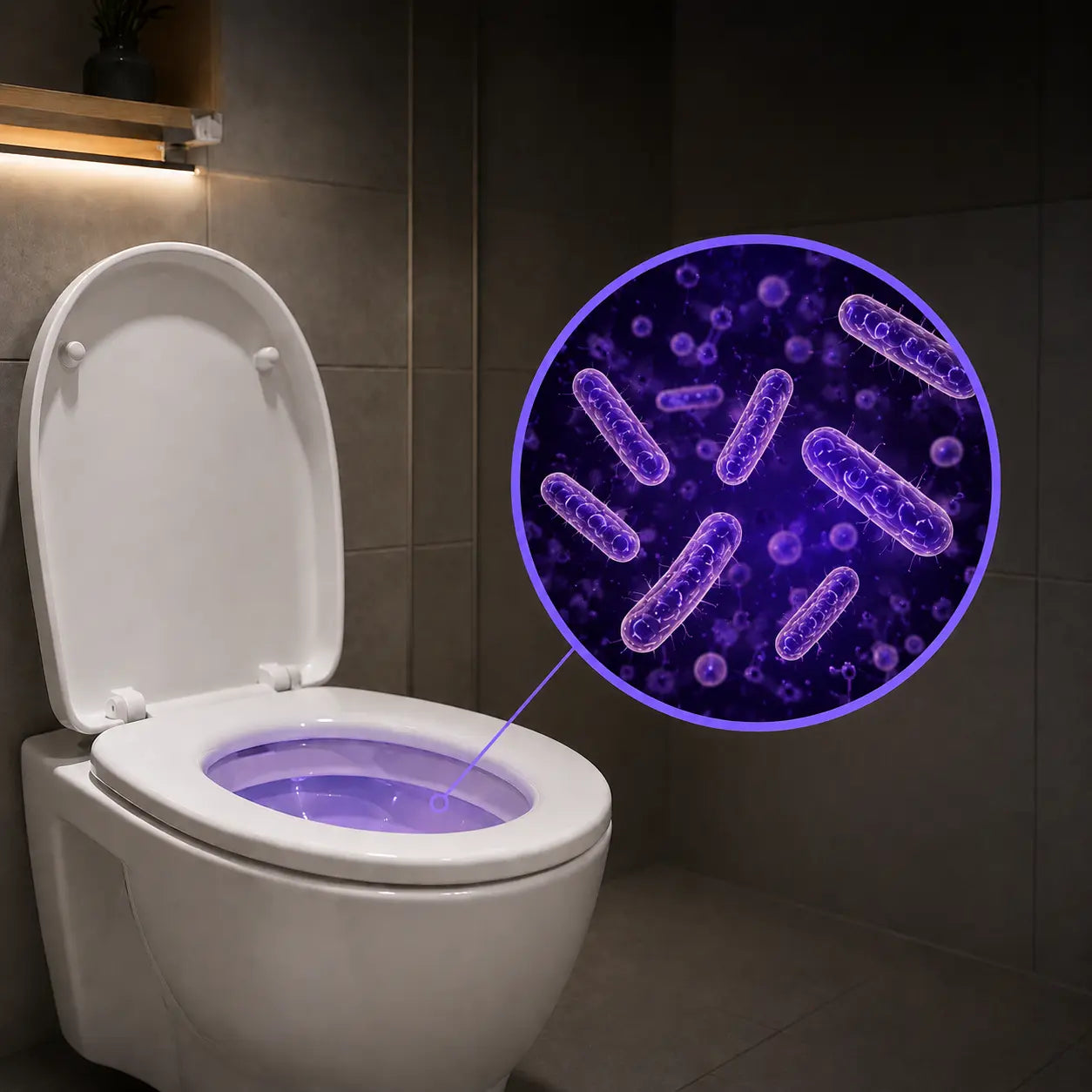 Toilet with purple UV light sanitizing bowl, highlighting germ elimination in modern bathroom