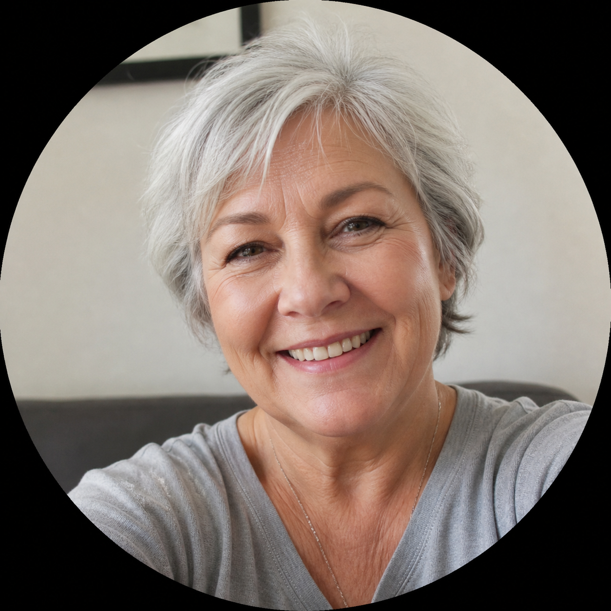 Smiling mature woman with short gray hair wearing gray top, natural beauty and confidence