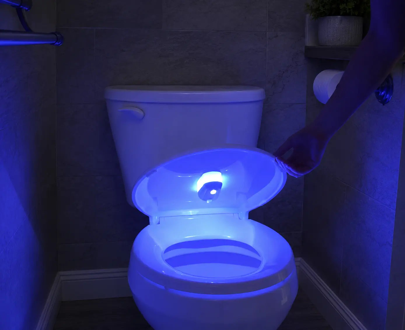 Blue LED toilet night light illuminating bowl in dark bathroom, motion-activated glow for safety