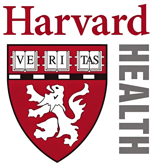 Harvard Health logo with red shield, white lion, and Veritas books emblem