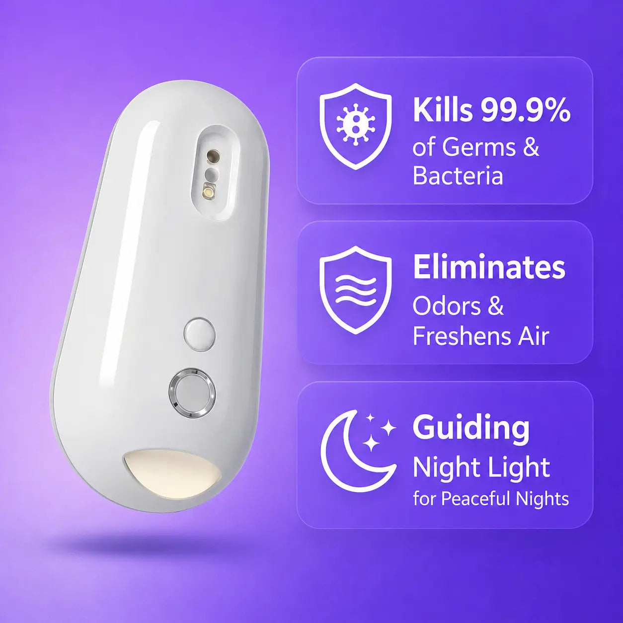 White UV sterilizer with night light, kills germs, eliminates odors, freshens air for peaceful nights
