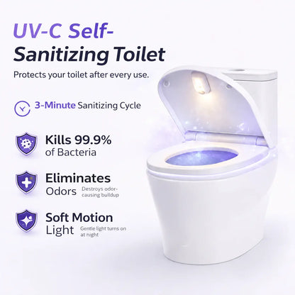 UV-C self-sanitizing toilet with 3-minute cycle, kills 99.9% bacteria, eliminates odors, soft motion night light