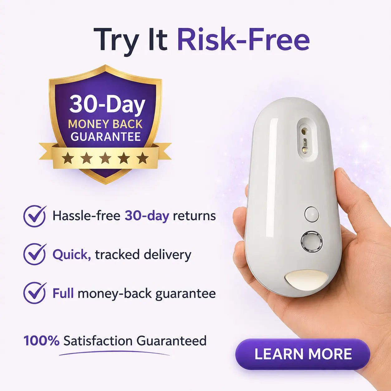 Hand holding white device with 30-day money-back guarantee badge, risk-free trial offer