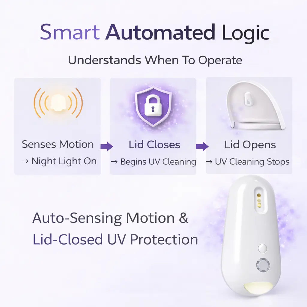Smart UV sterilizer with auto-sensing motion and lid-closed safety protection for automated cleaning