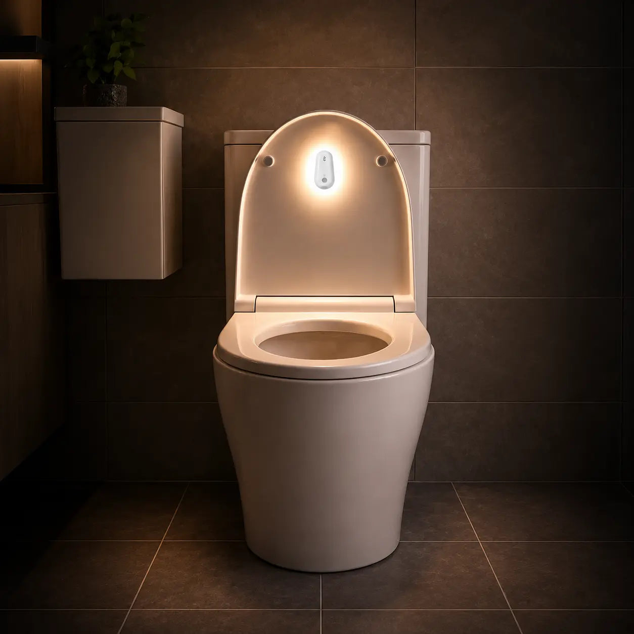 Smart toilet seat with motion-activated night light illuminating bathroom, warm glow for safety and convenience