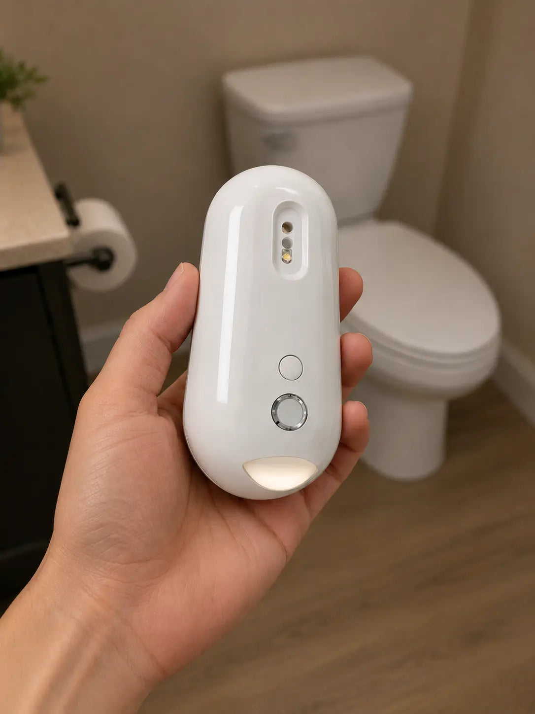 Hand holding white portable bidet sprayer with LED light, ideal for bathroom hygiene and travel use.