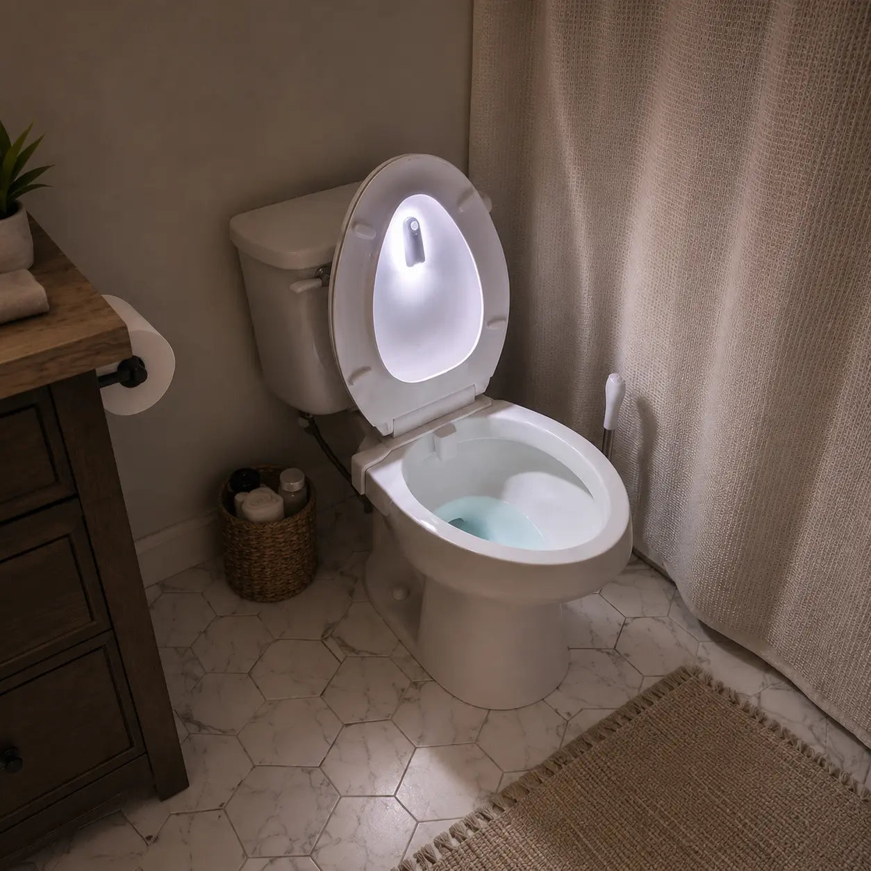 Smart toilet seat with night light illuminating bowl in modern bathroom with hex tile floor